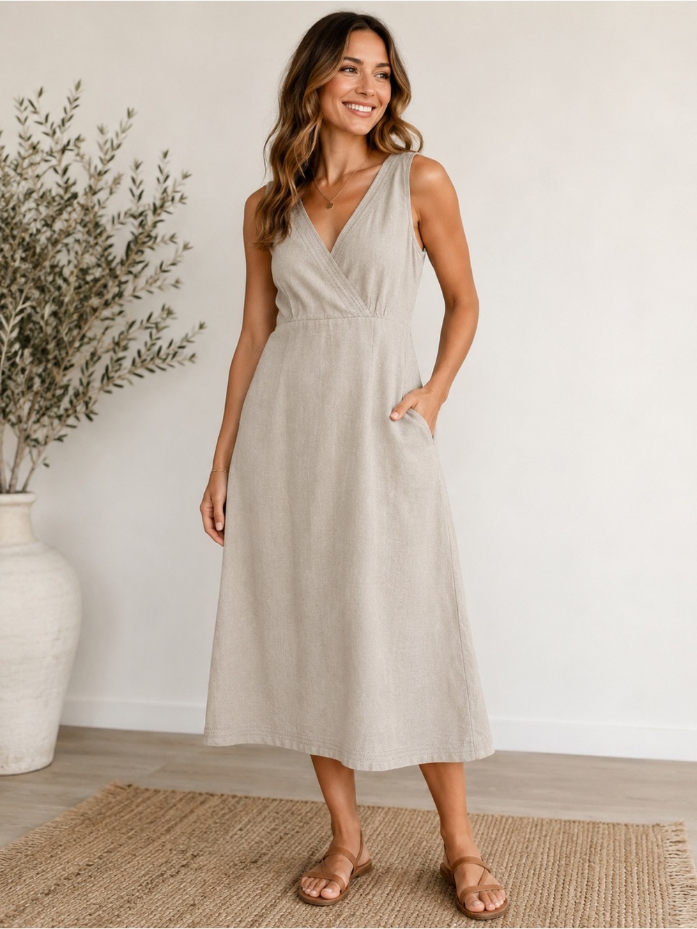 Eddie Bauer Midi Dress Womens 10 Tall Beige Wrap Neck 100% Linen Sleeveless Boho